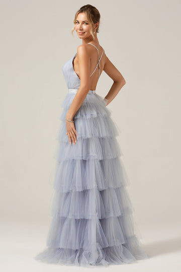 Grey Blue A Line Tiered Tulle Ball Dress